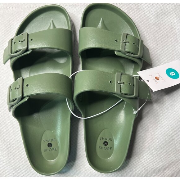 Shade & Shore Green Slide Sandals Size 8 Comfort Double Strap Adjustable Buckles - Picture 2 of 3
